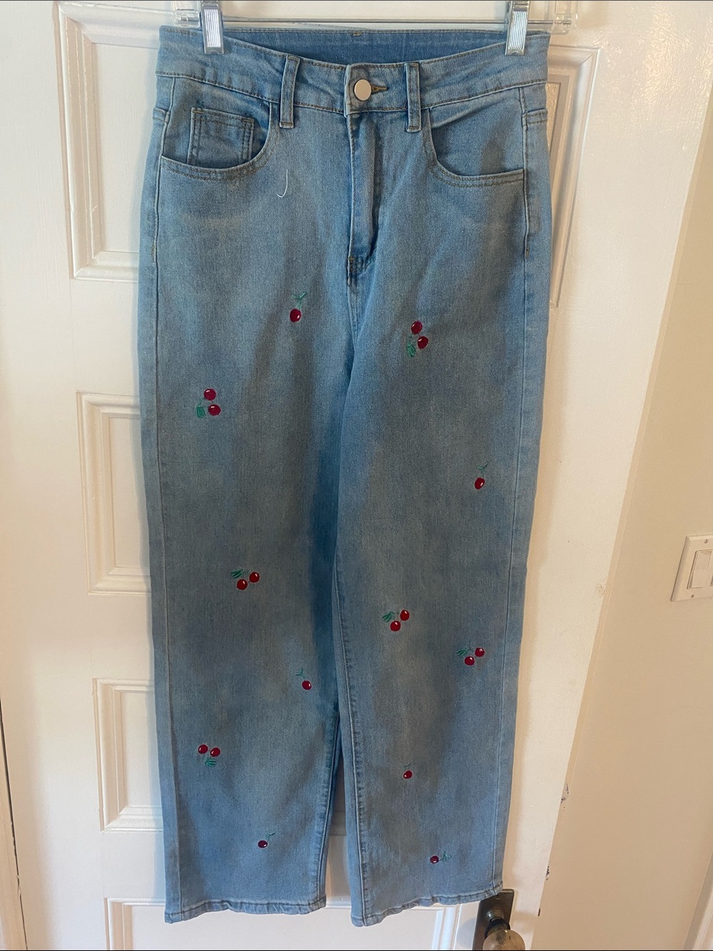 Source Unknown Light Wash Straight-Leg Jeans with Cherry Embroidery